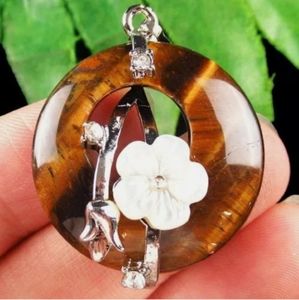 New Tiger Eye Shell Rhinestone Donut Silver Pendant.